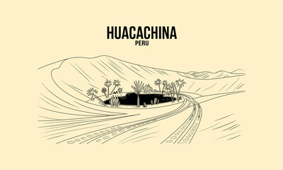Naklejka premium Huacachina Peru Desert Oasis with Palm Trees and Lake Keywords: Huacachina, Peru, desert, oasis