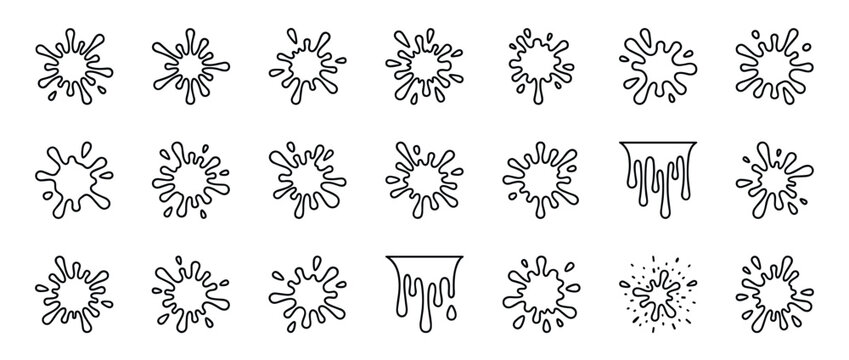 Black line art splash and drip icons set with various liquid splatter, paint drop, and milk blot shapes in a simple, hand-drawn doodle illustration style for creative projects