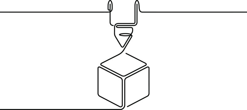 A single continuous line drawing of a three dimensional cube being printed by a robotic printer nozzle head.