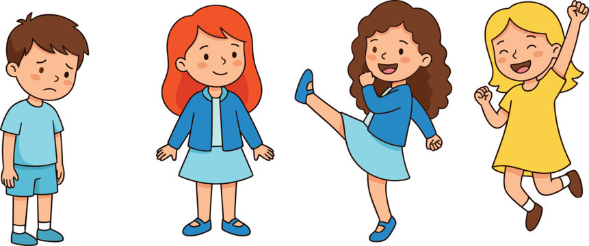 Emotions of Children - Happy, Sad, and Playful Kids in Various Poses for Childhood and Expression Illustration