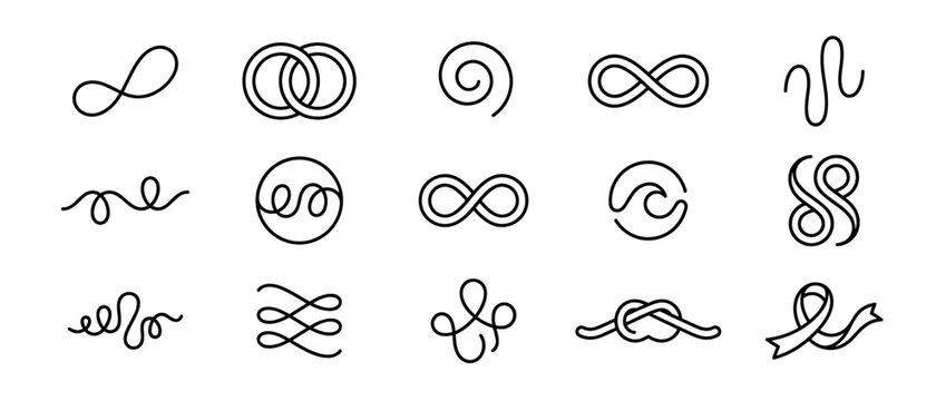 Collection of black monoline infinity symbols, knots, and abstract swirls in a minimalist graphic style representing concepts of eternity, connection, and endless love