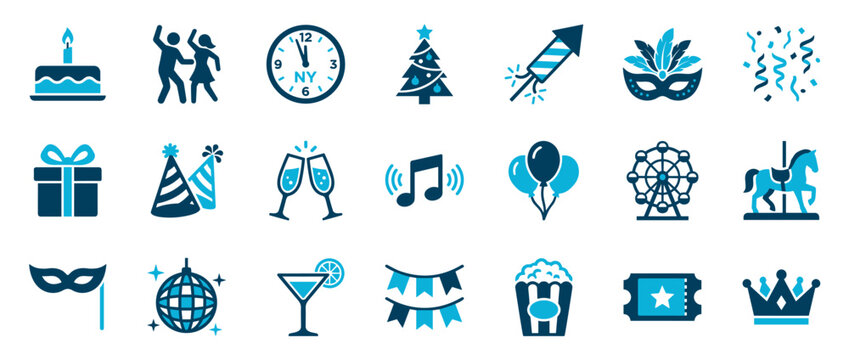 Blue and dark blue party celebration icons featuring a birthday cake, dancing couple, holiday clock, carnival mask, disco ball, and champagne for festive entertainment themes