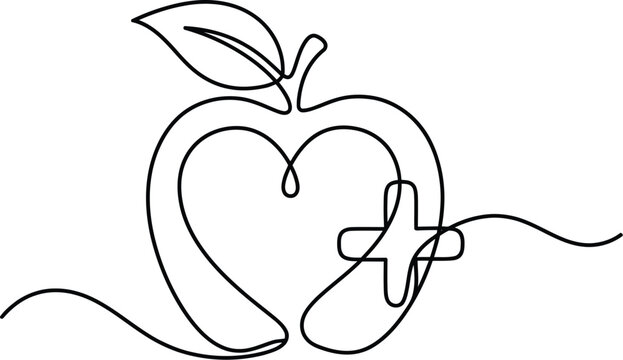 A continuous single line drawing of a stylized apple combined with a medical cross health symbol design