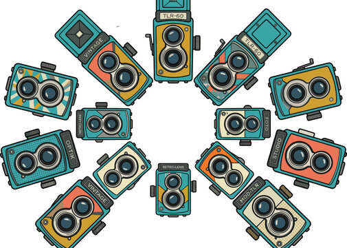 Retro Twin Lens Reflex Camera Circular Arrangement Vector Set with Colorful Vintage Photography Devices Collection in Symmetrical Layout Isolated on White Background