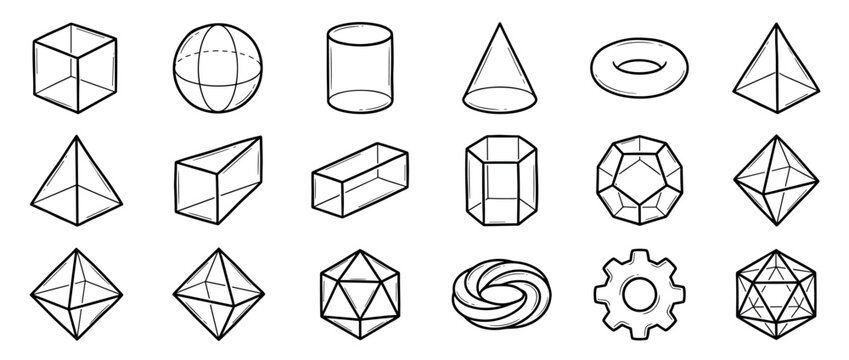 Large set of various geometric shapes and 3D figures drawn in a black and white line art style, featuring cube, sphere, cone, pyramid, and complex polyhedra for math education