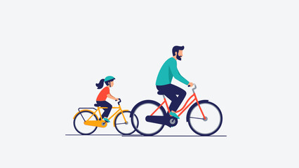 Fototapeta premium Father and daughter cycling together on bicycles, enjoying outdoor activity and family bonding time on a white background