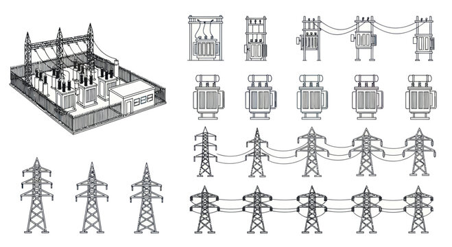Electrical Substation and Power Line Towers Collection - Hand Drawn Vector Illustration