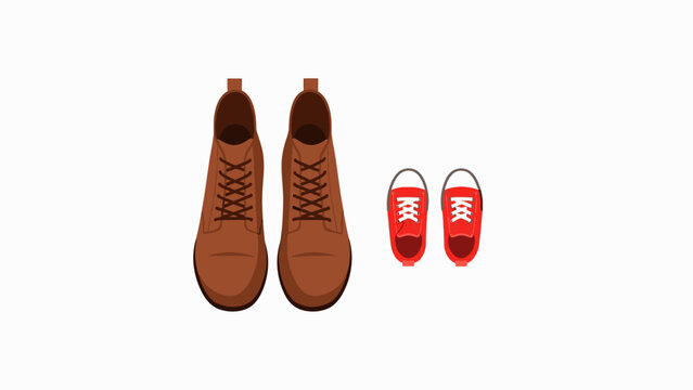 Two pairs of shoes: adult brown leather boots and child's red canvas sneakers, top view, symbolizing family, growth, and different life stages.