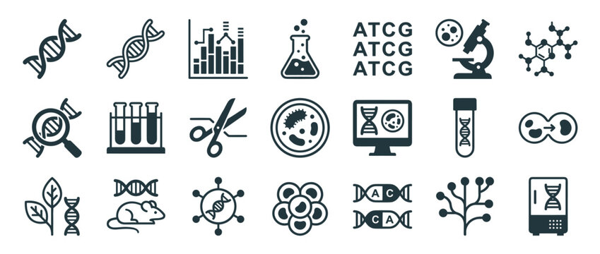 Collection of dark blue science icons representing genetics, biotechnology, and laboratory research with symbols for DNA, microscope, cells, gene editing, and sequencing