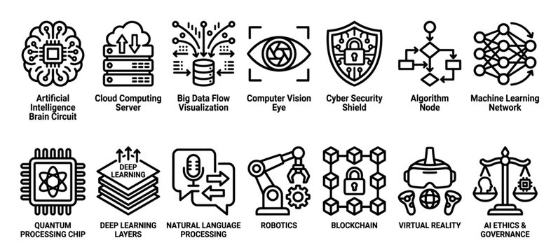 Fifteen distinct black line art technology icons illustrate various concepts of artificial intelligence, data, and advanced computing in a modern, clean style