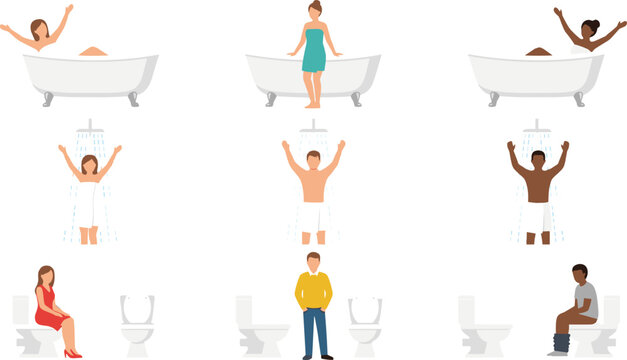 Bathroom Activities - Bathing, Showering, and Toilet Time for Personal Hygiene and Self-Care Illustration