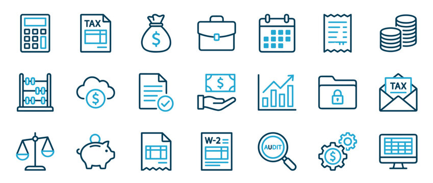Blue and black financial icon collection with symbols for tax preparation, money management, business audit, and accounting in a simple, modern line art illustration