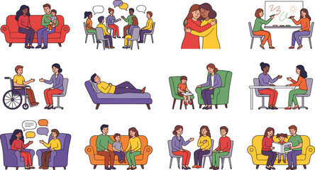 Naklejka premium Therapy and Counseling Sessions - Individuals and Groups in Emotional Support, Therapy Conversations, and Family Sessions for Mental Health Illustration