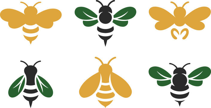 Collection of six colorful bee silhouettes in various poses and color schemes on white background  insects