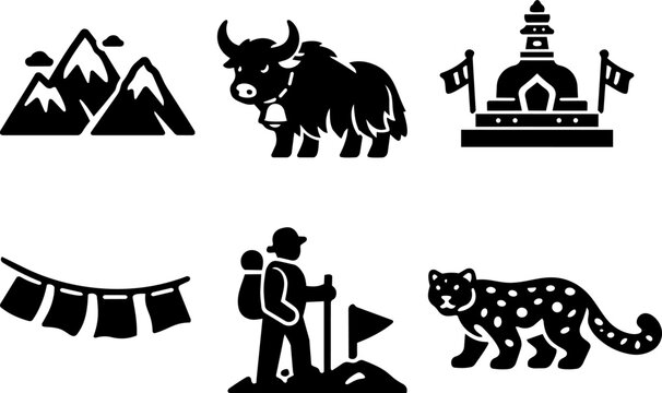 Himalayan travel and nature black glyph icon set