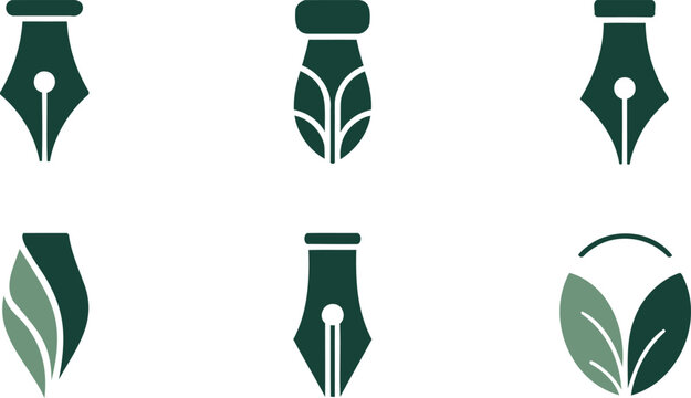 Collection of green pen nibs and leaves for writing and drawing isolated on transparent background