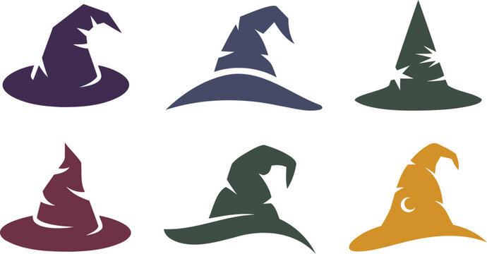 Collection of six colorful witch hats in different shades and styles for halloween or magic themes  simple illustrations