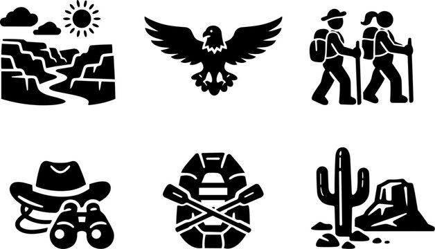 Desert adventure and hiking black glyph icon set