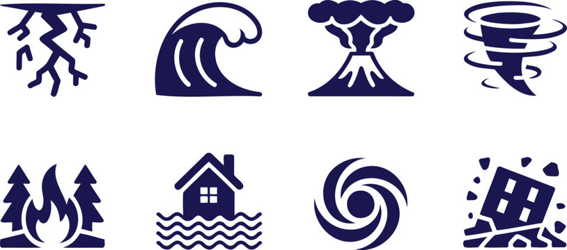 Natural disaster icons set including earthquake lightning wave volcano tornado fire flood hurricane destruction  isolated on white background