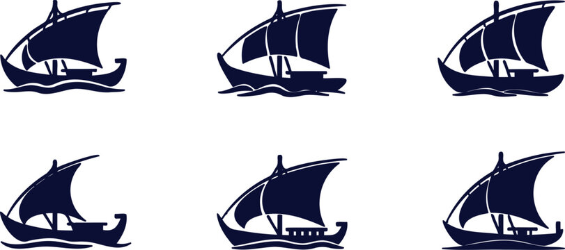 Sailing ships on waves with sails up in various positions on white background  nautical icons