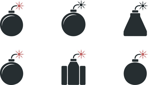 Set of bomb icons in different shapes and sizes with fuses and sparks  various explosive symbols