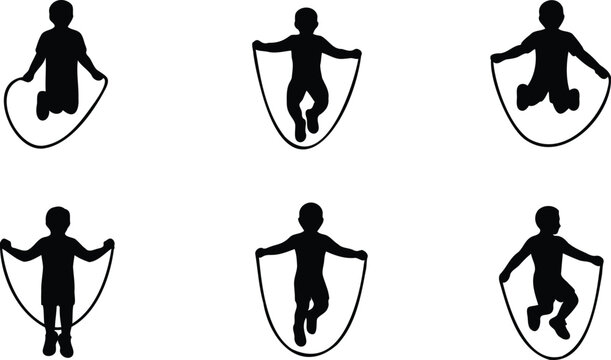 Set of children jumping rope in different poses and movements on white background