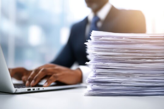 Person handling pressing documents next to a laptop. Busy office worker typing on keyboard beside towering pile of paperwork on desk. Stressed professional man working under pressure amidst deadline