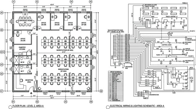 Detailed Roof Floor Plan and Electrical Wiring Schematic with Lighting, Circuits, and Wiring Layout for Commercial Building Projects