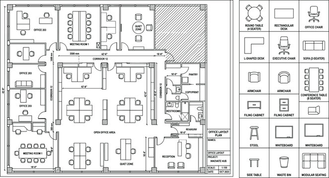 Office Layout Floor Plan with Detailed Furniture Arrangement, Desks, Chairs, Cabinets, and Meeting Room Designs for Workspace Planning