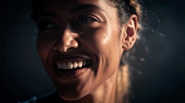 Joyful young woman with freckles smiling in dramatic cinematic light