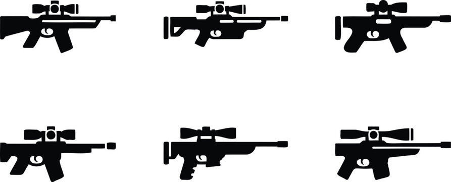 Six black silhouettes of rifles with scopes pointing right on white background  gun icons