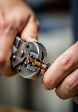 Hands use crimping pliers to secure a metal connector onto electrical wires.