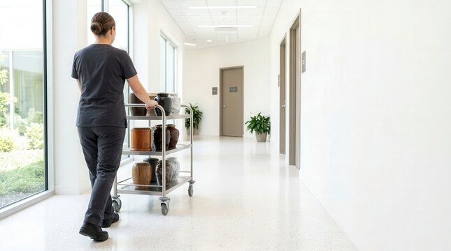 Cremation urn selection in modern facility with healthcare worker pushing cart of urns down hallway.