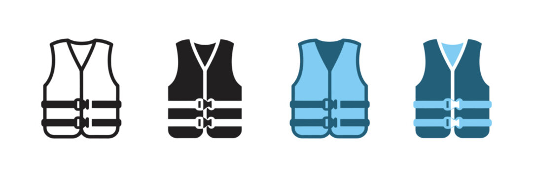 Life jacket icons set, water safety and rescue symbols, outline solid black and blue variations, straps and buckles design, vector illustration.