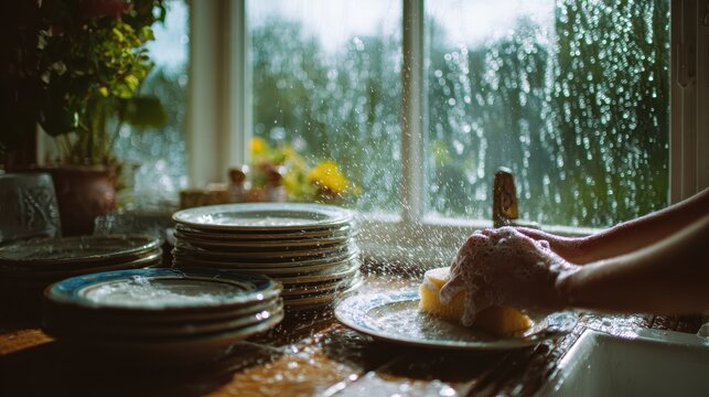 Close-up of hands washing dishes with a soapy sponge in a home kitchen sink, water splashing under natural window light