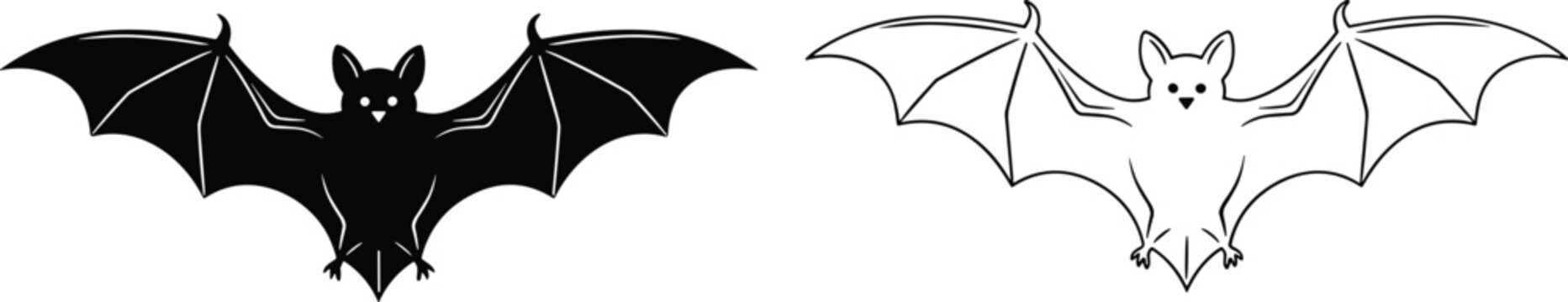 Flying bat vector illustration set featuring black silhouette and detailed black-and-white line art of a mammal.