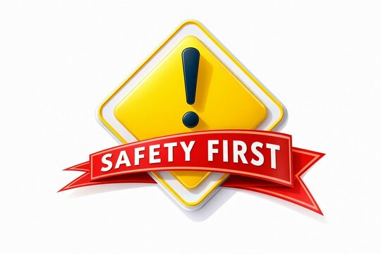 Bright yellow warning sign with red safety first banner and exclamation mark