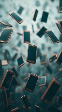 Multiple smartphones floating mid-air against a blurred background, highlighting modern technology and connectivity.