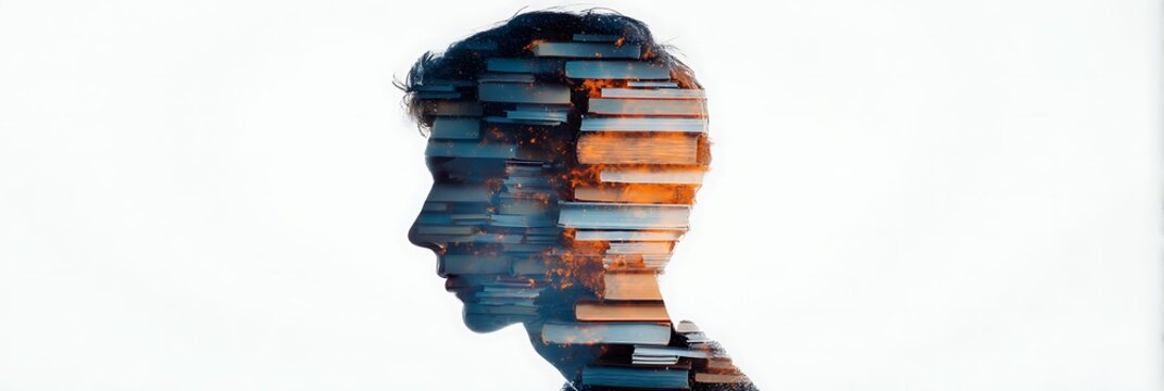 A double exposure image blending a man's silhouette with stacked books, symbolizing knowledge and learning.