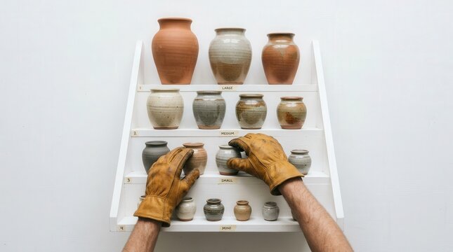 Selection of cremation urns by artisan with gloves arranging pottery on display stand. Various urn designs and colors showcased for memorial purposes.