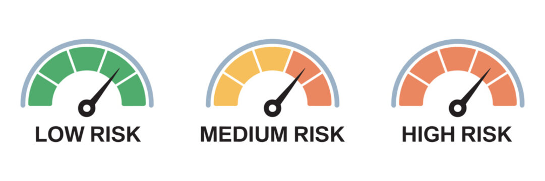 Risk meter icon set, speedometer style gauges showing low medium high levels, business analytics dashboard symbols, safety monitoring risk assessment concept, corporate vector illustration.