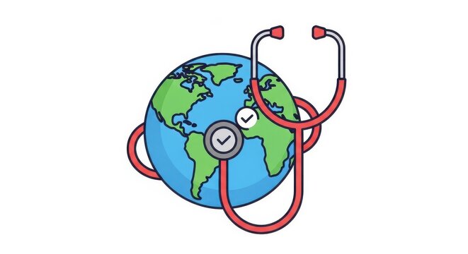 A cartoon globe with a stethoscope wrapped around it, symbolizing global health and wellness on eart