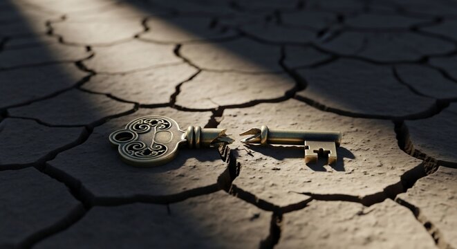 Broken key on cracked ground symbolizing loss and challenge