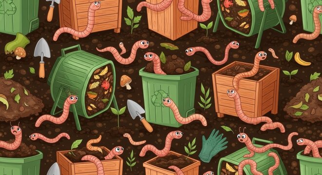 a colorful illustration of worms and compost bins with gardening tools and leafy greens on brown soi