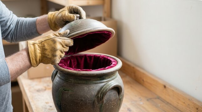 Cremation urn being opened with velvet lining revealed, showing craftsmanship and care in selection process.
