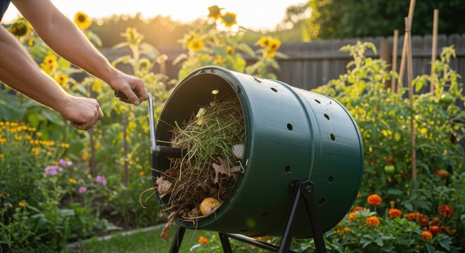 A person is turning compost in a garden with a green cylindrical bin surrounded by flowers and veget