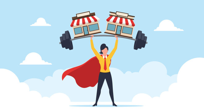 Empowered business woman wearing a cape lifting a heavy barbell with retail shops on each end representing female strength in small business.