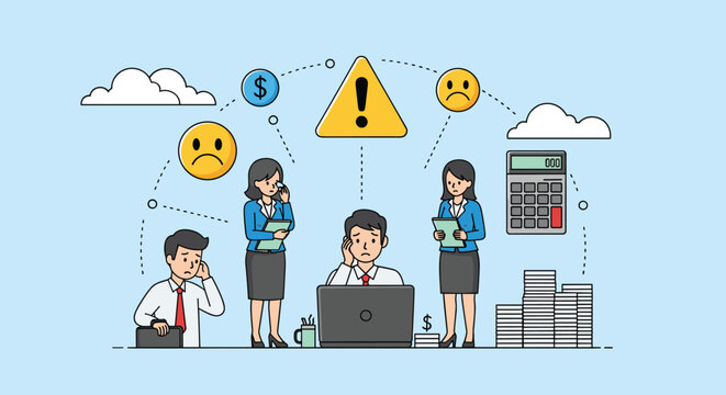 Group of stressed office employees dealing with financial problems and heavy workloads illustrated with warning signs and unhappy emojis.