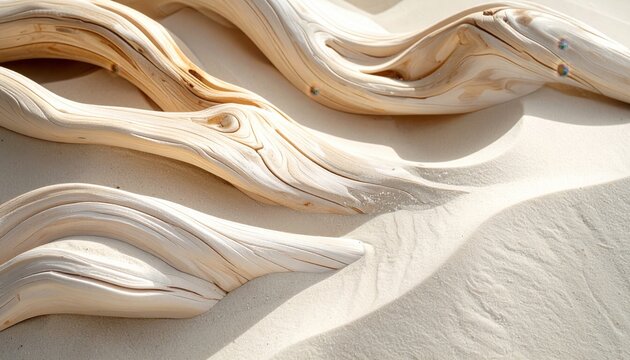 Close-up view of weathered driftwood pieces resting on soft, sandy beach surface showcasing natural textures and organic forms