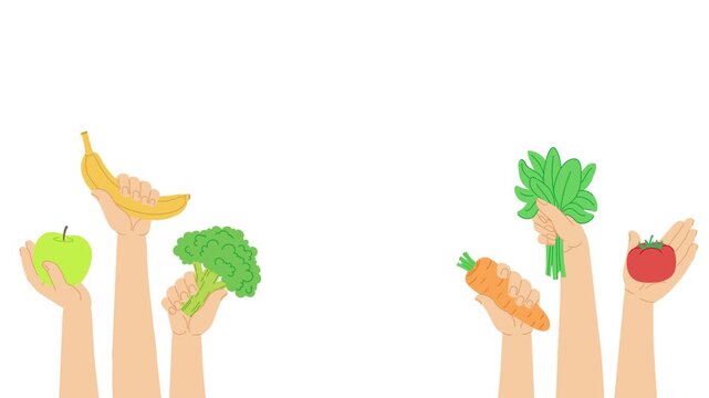 Animation of hands raise up various fruits and vegetables symbolizing World Food Day. Hands hold food: carrot, strawberry, apple, tomato, spinach, broccoli, banana isolated on white background